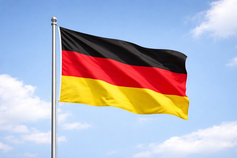 Flagge Deutschlands mit schwarz-rot-gelber Farbgestaltung auf blauem Himmel.